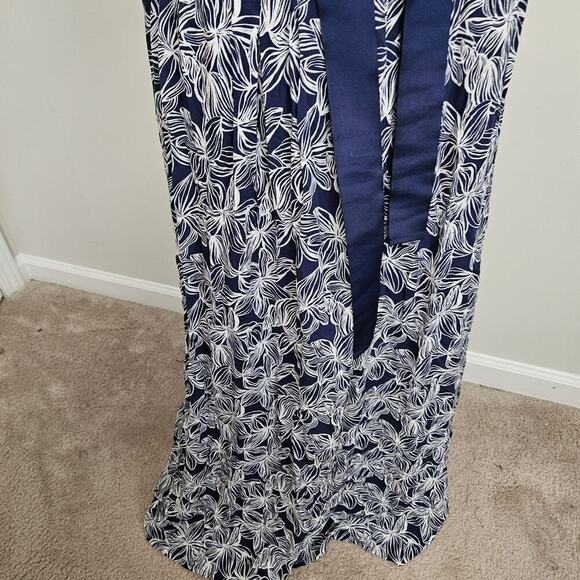Vineyard Vines Blue & White Floral Maxi Dress Sleeveless Pockets Belted Size 4 - Picture 13 of 16